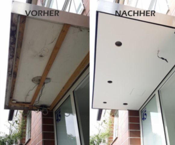 Decke mit Einbauspots, vorher und nachher