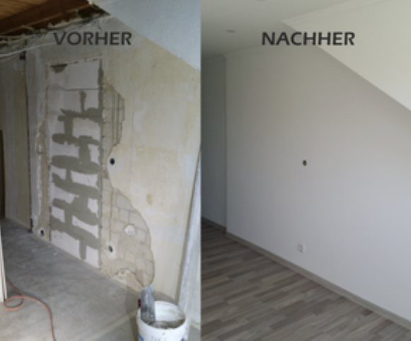 Wand verputzt, neuer Boden, vorher und nachher